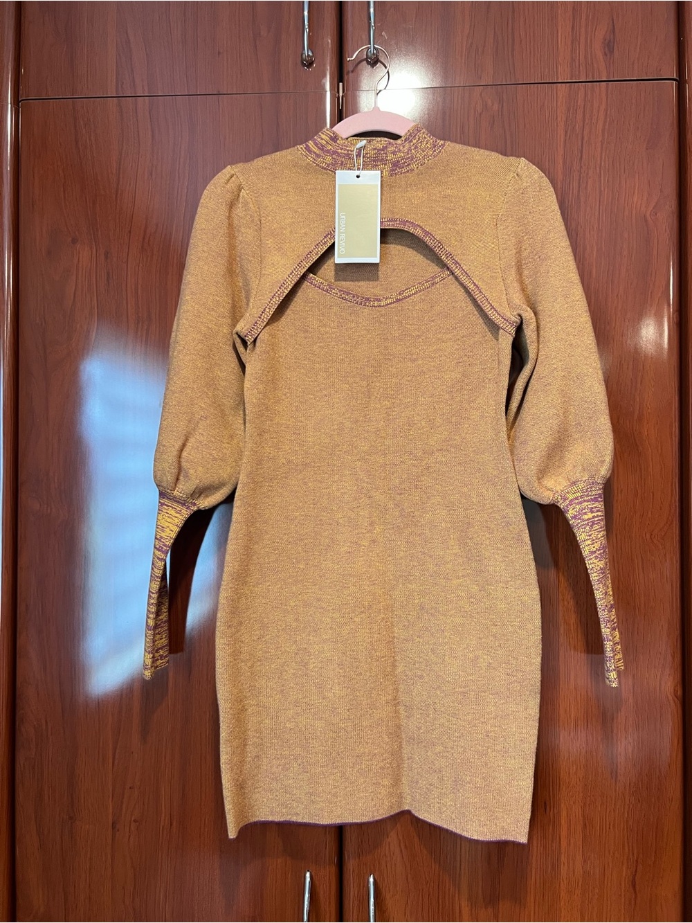 Mustard Knit Long-Sleeve Cutout Dress